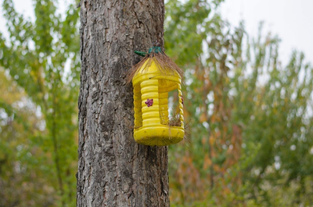 Recycled birdhouse from plastic jug